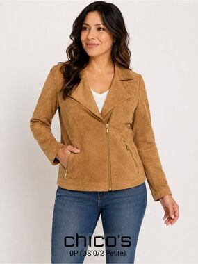 Chico’s Camel Faux Suede Moto Jacket biker Women’s US 0/2P Petite Tan Zip Front